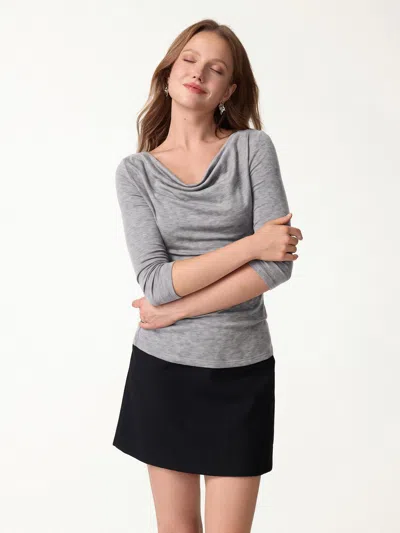 Oglmove Lyocell-wool Cowl Neck 3/4 Sleeve Ruched Cuff Top In Heather Grey