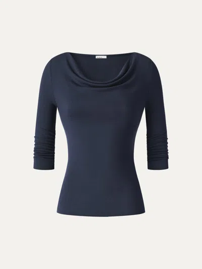 Oglmove Lyocell-wool Cowl Neck 3/4 Sleeve Ruched Cuff Top In Universe Navy