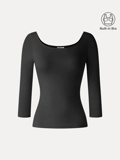 Oglmove Lyocell-wool Knit Scoop Neck 3/4 Sleeve Open-back Bra Top In Black