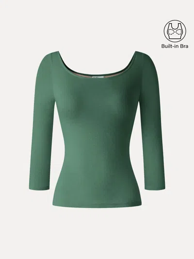 Oglmove Lyocell-wool Knit Scoop Neck 3/4 Sleeve Open-back Bra Top In Evergreen