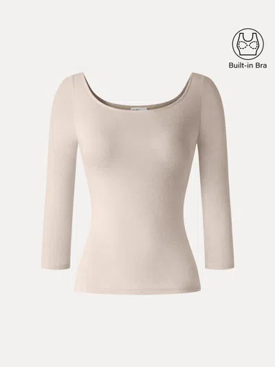 Oglmove Lyocell-wool Knit Scoop Neck 3/4 Sleeve Open-back Bra Top In Heather Pinky Mist