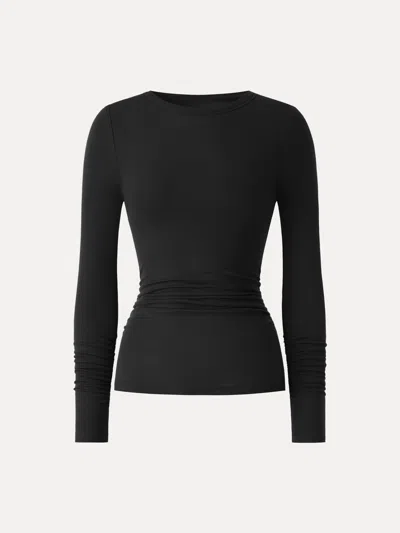 Oglmove Lyocell-wool Round Neck Long Sleeve Ruched Top In Black