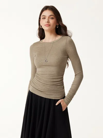 Oglmove Lyocell-wool Round Neck Long Sleeve Ruched Top In Heather Tate Khaki Brown