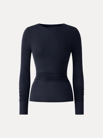 Oglmove Lyocell-wool Round Neck Long Sleeve Ruched Top In Universe Navy