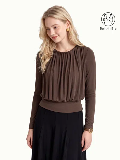 Oglmove Lyocell-wool Round Neck Long Sleeve Tucked Bra Top In Brown