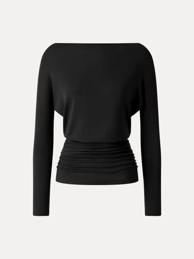 Oglmove Lyocell-wool Slash Neck Long Sleeve Ruched Banded Hem Top In Black