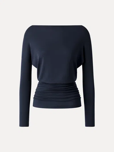 Oglmove Lyocell-wool Slash Neck Long Sleeve Ruched Banded Hem Top In Blue