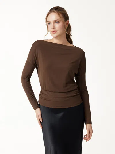 Oglmove Lyocell-wool Slash Neck Long Sleeve Ruched Banded Hem Top In Brunette Brown