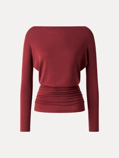 Oglmove Lyocell-wool Slash Neck Long Sleeve Ruched Banded Hem Top In Red