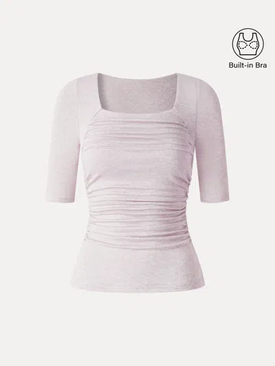 Oglmove Lyocell-wool Square Neck Elbow Sleeve Ruched Bra Top In Barely Pink