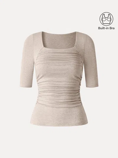 Oglmove Lyocell-wool Square Neck Elbow Sleeve Ruched Bra Top In Heather Pinky Mist
