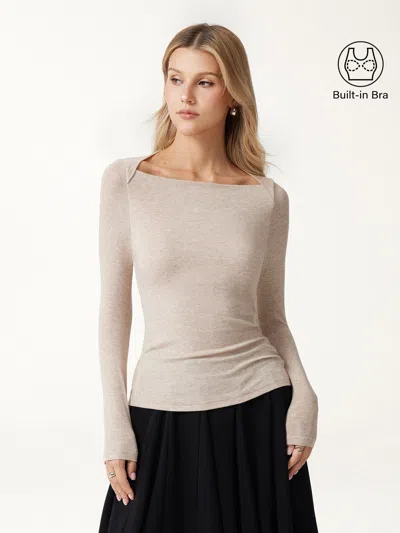 Oglmove Lyocell-wool Trapeze Neck Long Sleeve Bra Top In Neutral