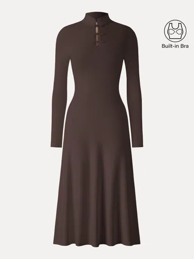 Oglmove Mandarin Collar Frog Button Midi Bra Dress Limited Edition In Brown