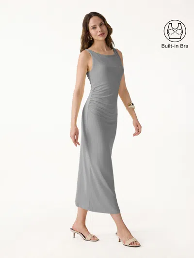 Oglmove Matte Smooth Boatneck Ruched Midi Bra Dress In Gray