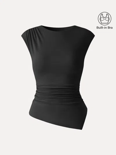 Oglmove Matte Smooth Cap Sleeve Ruched Asymmetrical Bra Top In Black
