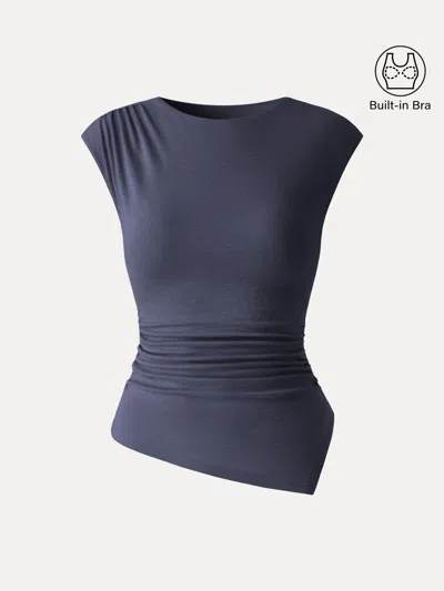 Oglmove Matte Smooth Cap Sleeve Ruched Asymmetrical Bra Top In Blue