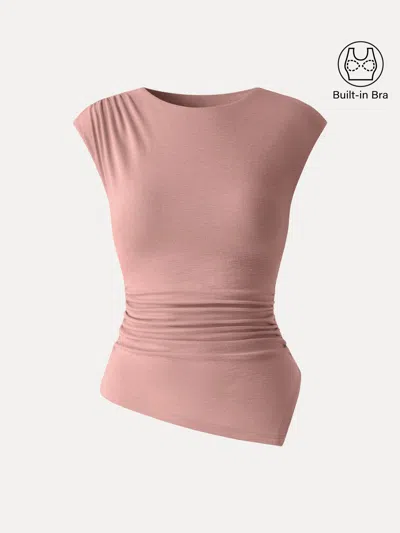Oglmove Matte Smooth Cap Sleeve Ruched Asymmetrical Bra Top In Pink