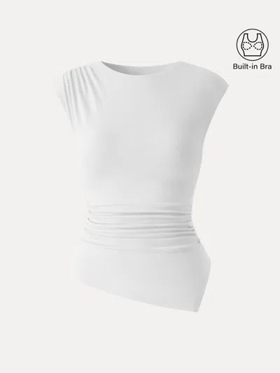 Oglmove Matte Smooth Cap Sleeve Ruched Asymmetrical Bra Top In White