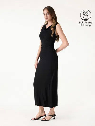 Oglmove Matte Smooth Cowl Neck Ruched Midi Bra Dress In Black