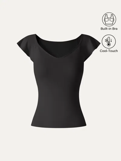 Oglmove Matte Smooth Diamond Neck Flutter Sleeve Bra Top In Black