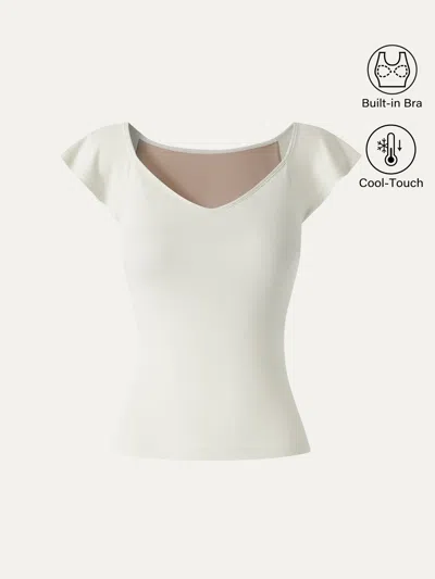 Oglmove Matte Smooth Diamond Neck Flutter Sleeve Bra Top In White