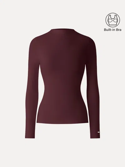 Oglmove Maxwarm Brushed Mockneck Long Sleeve Bra Top In Burgundy