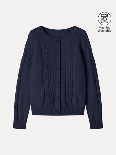 Oglmove Merino-blend Cable-knit Crew Neck Long Sleeve Cardigan In Blue