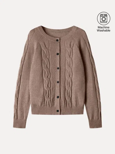Oglmove Merino-blend Cable-knit Crew Neck Long Sleeve Cardigan In Brown