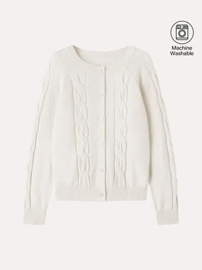 Oglmove Merino-blend Cable-knit Crew Neck Long Sleeve Cardigan In White