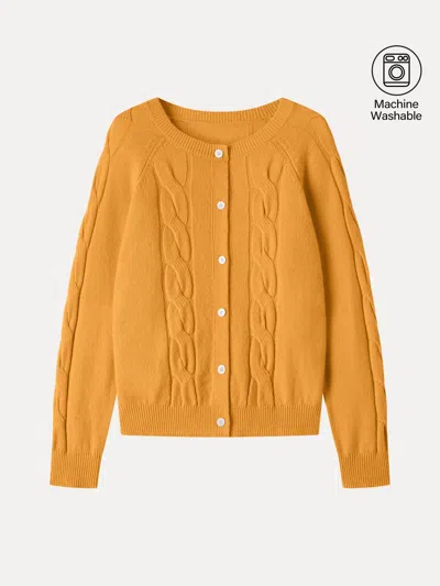 Oglmove Merino-blend Cable-knit Crew Neck Long Sleeve Cardigan In Yellow