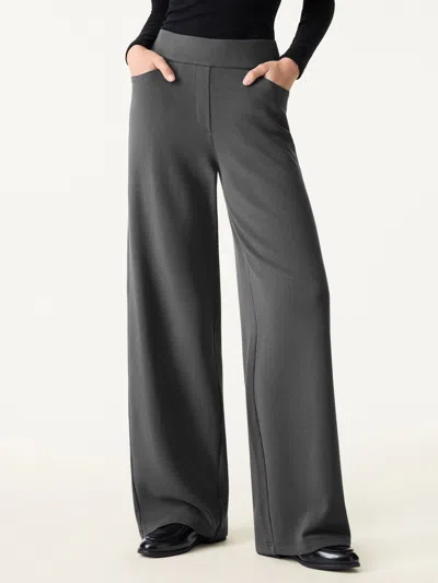 Oglmove Mid Rise Wide Waistband Wide Leg Pull-on Pants With Pockets In Gray