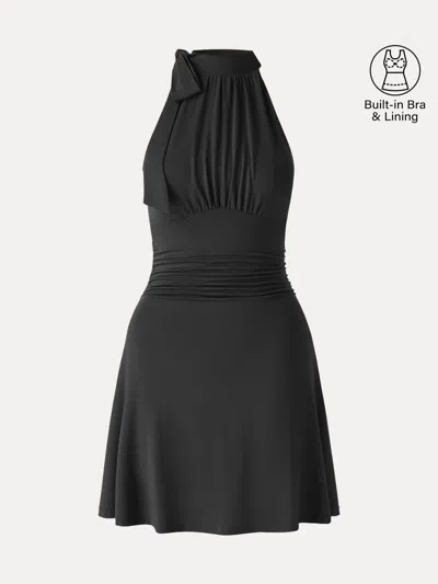 Oglmove Milky Matte Mockneck Bow Tie Ruched Mini Bra Dress In Black
