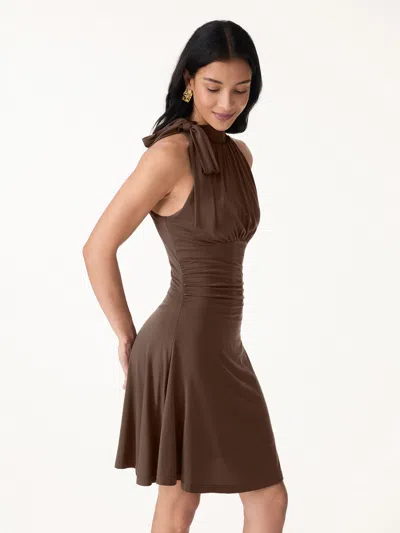 Oglmove Milky Matte Mockneck Bow Tie Ruched Mini Bra Dress In Brown