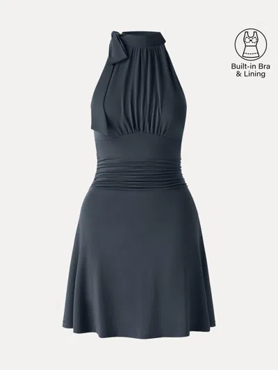 Oglmove Milky Matte Mockneck Bow Tie Ruched Mini Bra Dress In Multi