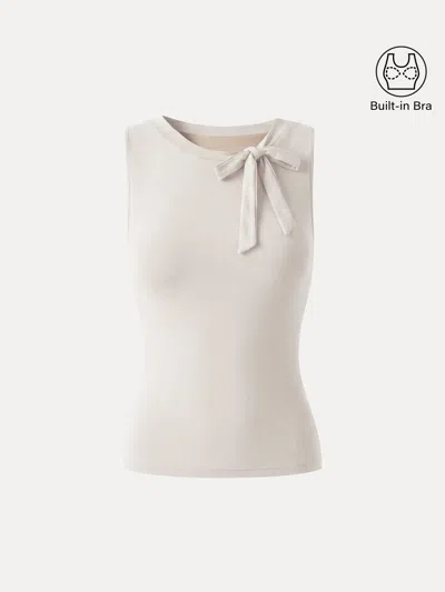 Oglmove Milky Smooth Round Neck Sleeveless Top With Bow In Gray