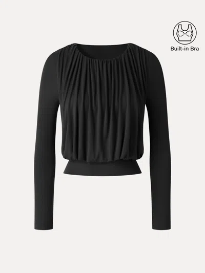 Oglmove Miyamoon Lyocell-wool Round Neck Long Sleeve Tucked Bra Top In Black