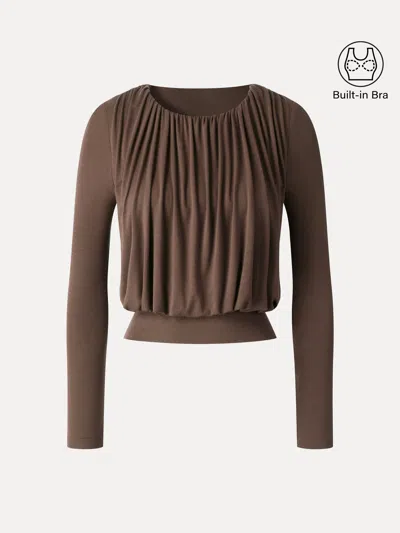 Oglmove Miyamoon Lyocell-wool Round Neck Long Sleeve Tucked Bra Top In Brown