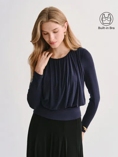 Oglmove Miyamoon Lyocell-wool Round Neck Long Sleeve Tucked Bra Top In Universe Navy
