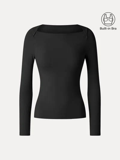 Oglmove Miyamoon Lyocell-wool Trapeze Neck Long Sleeve Bra Top In Black