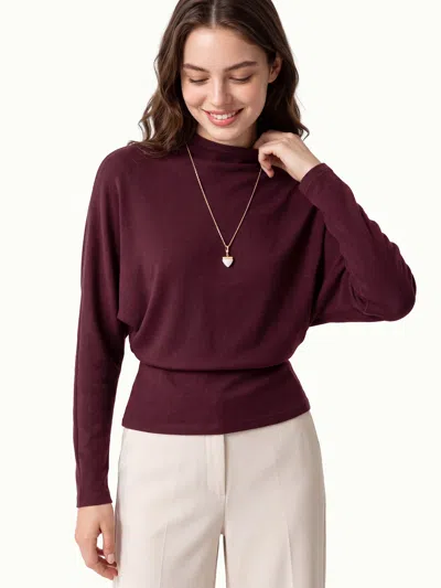 Oglmove Mock Neck Batwing Sleeve Top In Burgundy