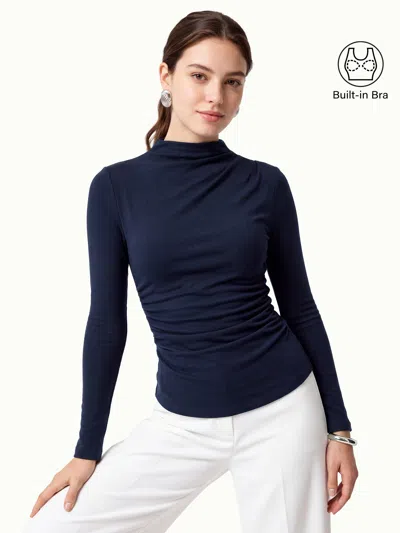 Oglmove Mock Neck Long Sleeve Ruched Bra Top In Blue
