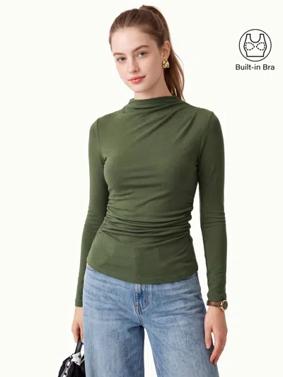 Oglmove Mock Neck Long Sleeve Ruched Bra Top In Green