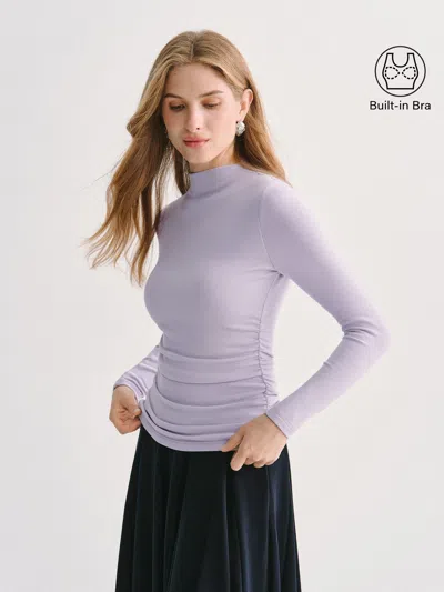 Oglmove Mock Neck Long Sleeve Ruched Bra Top In Purple