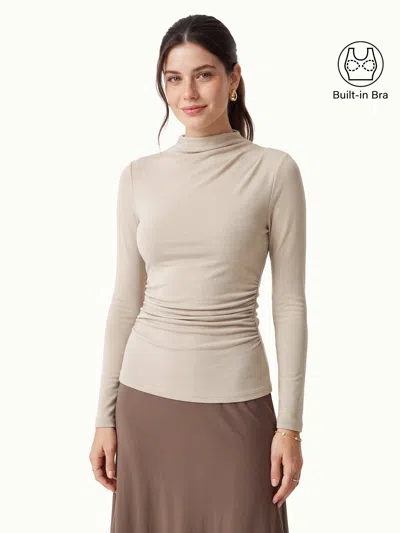 Oglmove Mock Neck Long Sleeve Ruched Bra Top In Neutral