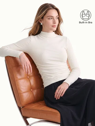 Oglmove Mock Neck Long Sleeve Ruched Bra Top In White