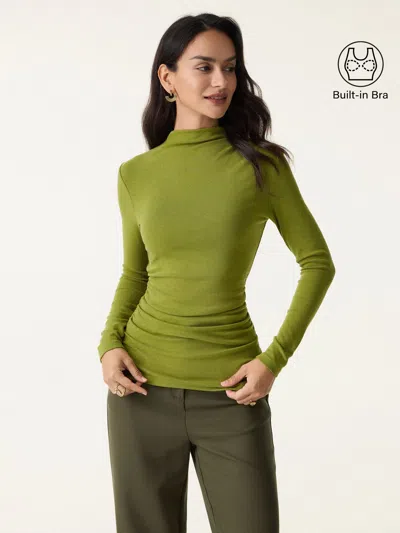 Oglmove Mock Neck Long Sleeve Ruched Bra Top In Green