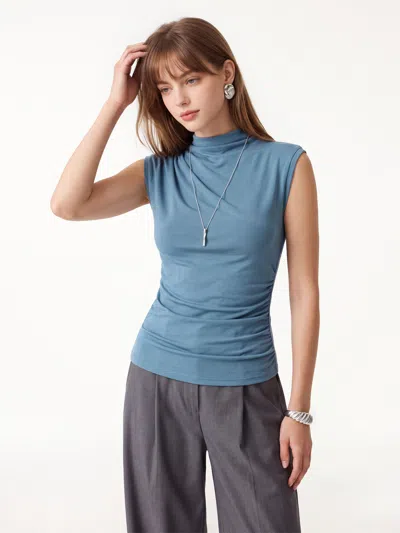 Oglmove Mock Neck Sleeveless Ruched Top In Dusk Blue