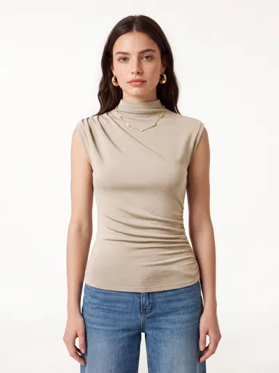 Oglmove Mock Neck Sleeveless Ruched Top In Natural Calico