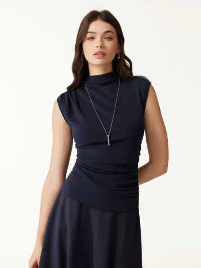 Oglmove Mock Neck Sleeveless Ruched Top In Smoky Navy