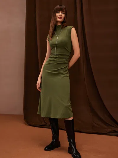 Oglmove Mockneck Tucks Midi Dress In Green